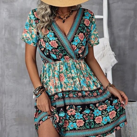 Boho Floral Multi color Surplice Neck Mini Dress